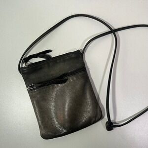 Black Leather Crossbody Bag Small Zip Pouch Shoulder Sling Purse Faded